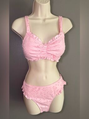 NWT Blooming Jelly Baby Pink Eyelet Ruffle Bikini Set Size L Romantic Swimwear